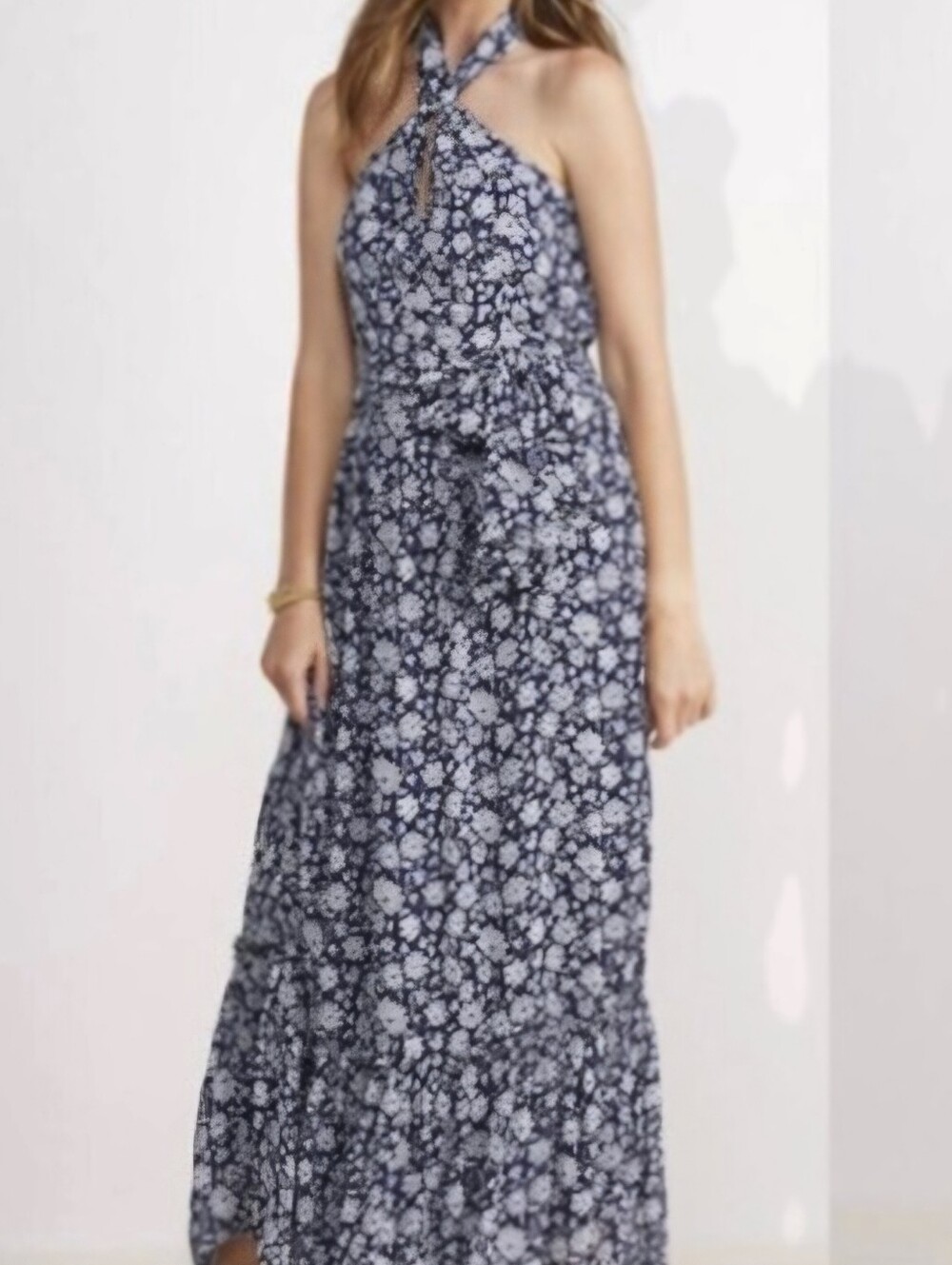 Vineyard Vines Halter Tie Maxi Dress Ivy Floral Navy Size 6 Missing belt!
